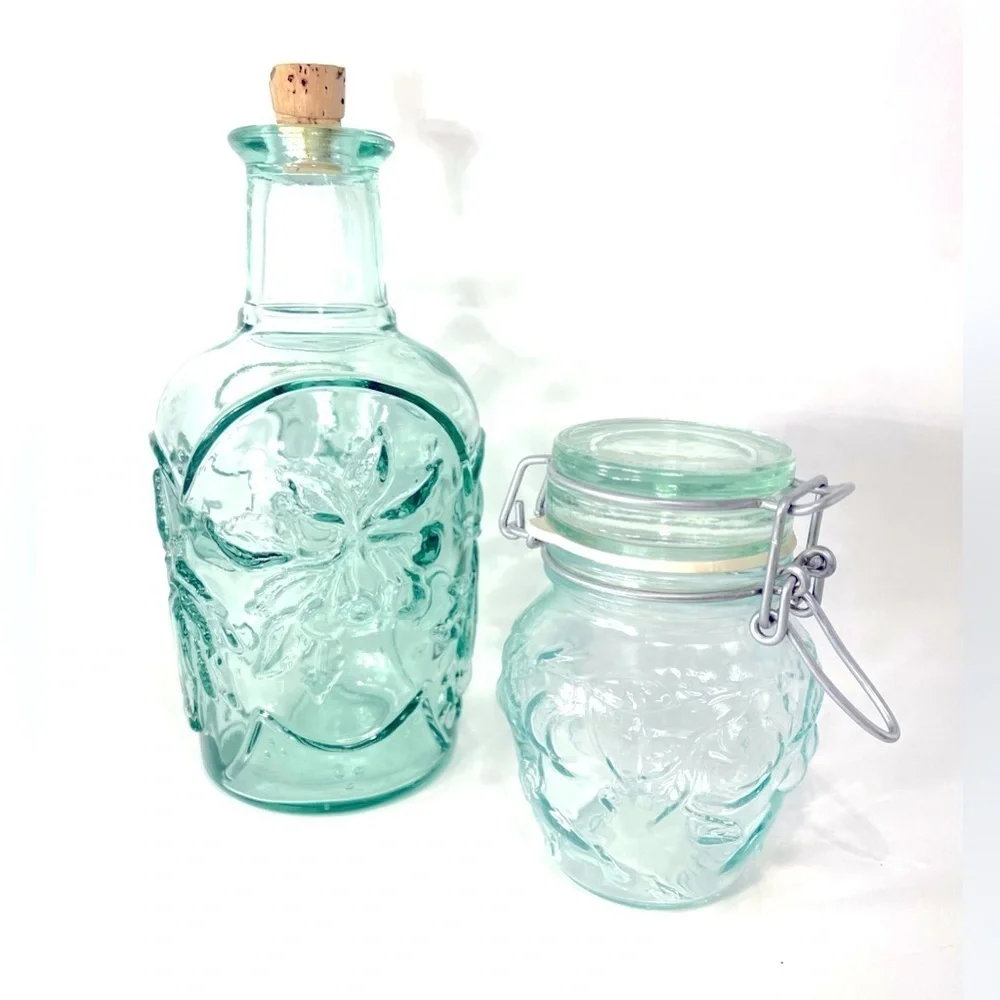 Green Glass Decanter w/ Cork and Canister w/ Bail Fruit Embossed Canada Mod Dep